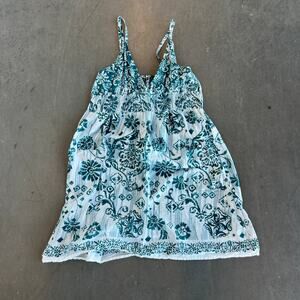Vintage Y2K Floral Smocked White/Teal Bohemian Mini Sundress Tank Women's M